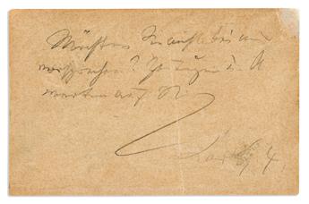 BRAHMS, JOHANNES. Brief Autograph Note Signed, JBrahms [nearly illegibly], to copyist William Kupfer, in German, in pencil, on a post